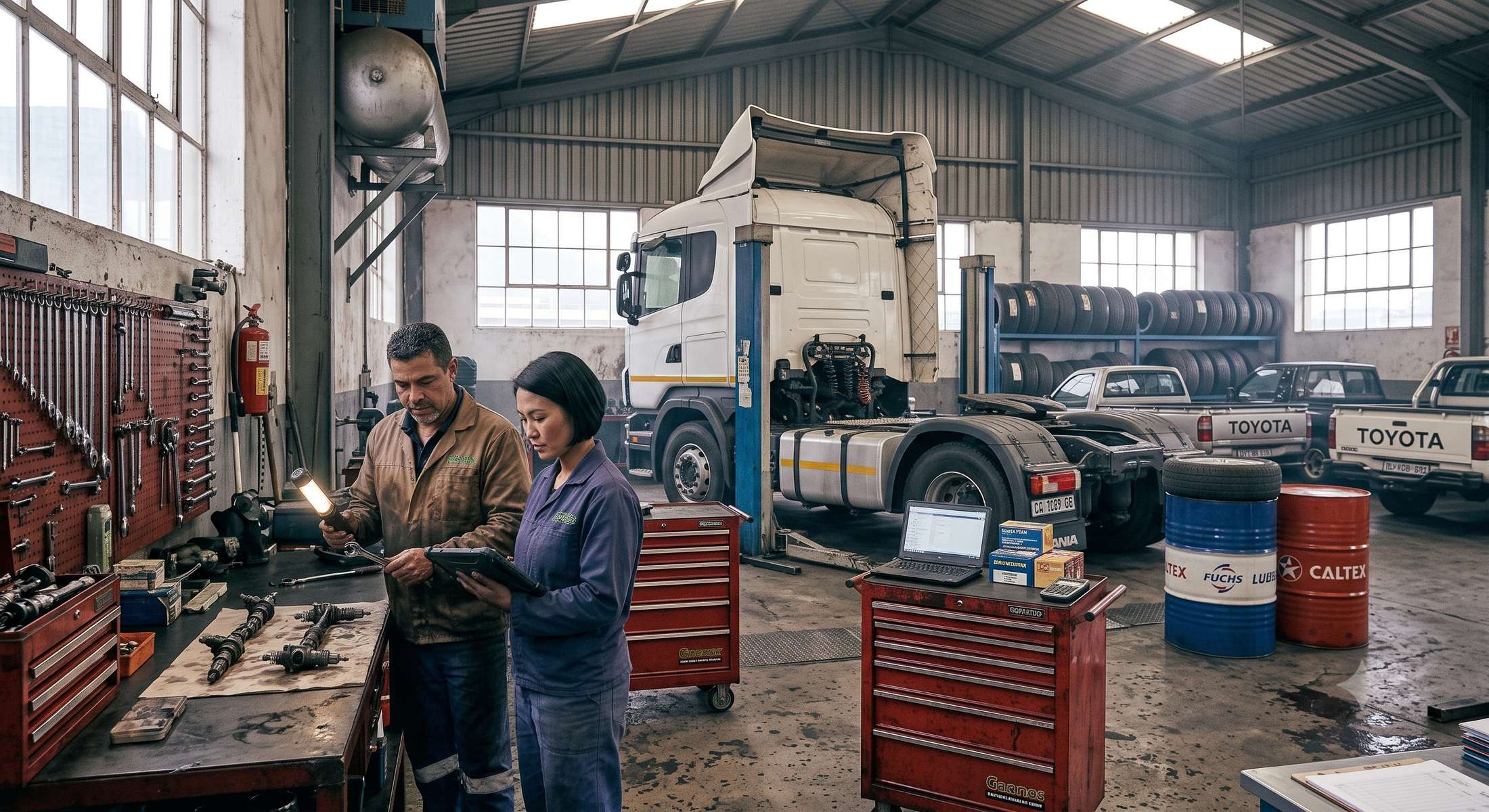 Two South African workshop technicians inspecting a driveshaft at the bench with a tablet in hand, a truck and bakkies on the floor behind them